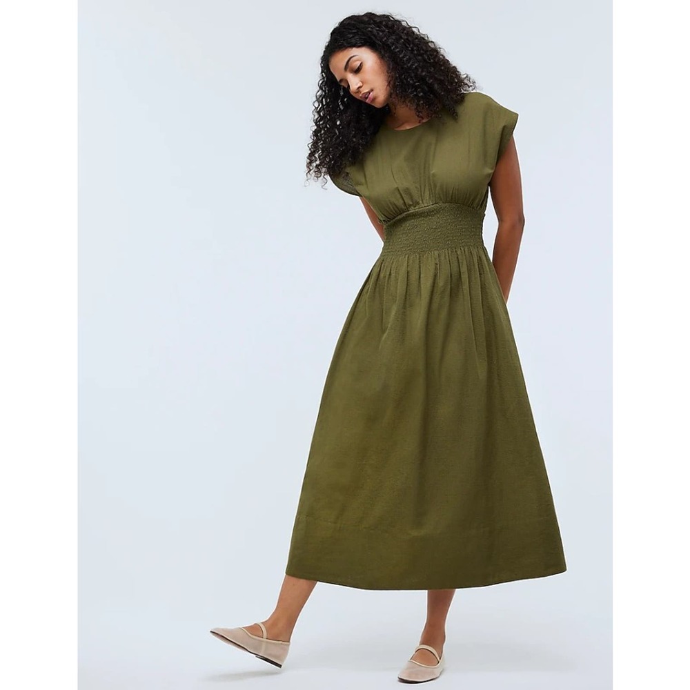 Madewell Kaya Smocked-Waist Midi Dress in Stripe Seersucker Olive Linen Blend XL